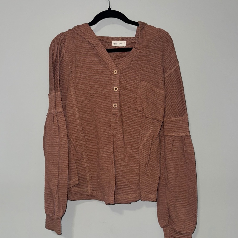 New In Women Waffle Knit Henley Hoodie Mauve Brown Relaxed Fit Size M
